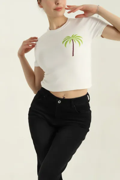 Krem Bisiklet Yaka Viskon Kadın Tişört 366478