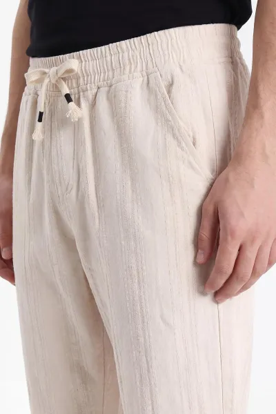 Krem Boyfriend Ham Keten Belden Bağlamalı Erkek Pantolon 459594