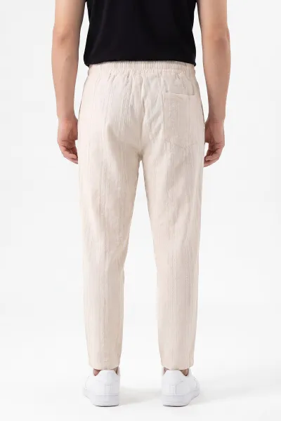 Krem Boyfriend Ham Keten Belden Bağlamalı Erkek Pantolon 459594