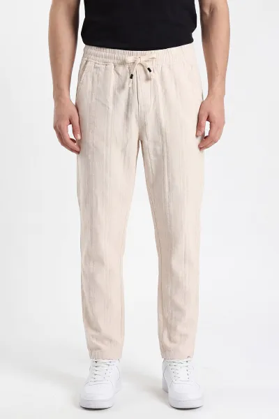 Krem Boyfriend Ham Keten Belden Bağlamalı Erkek Pantolon 459594