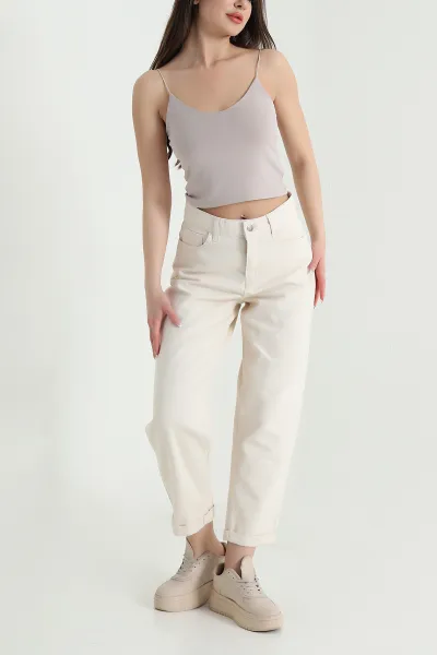 Krem Cep Detay Gabardin Kadın Pantolon 454915