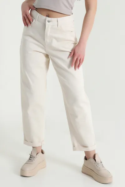 Krem Cep Detay Gabardin Kadın Pantolon 454915
