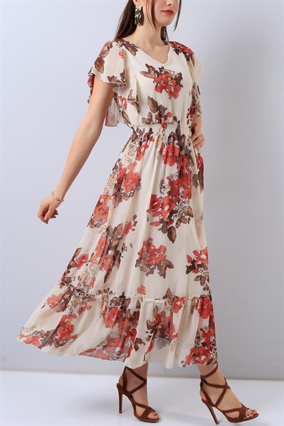 Krem Çiçek Desenli Bayan Şifon Elbise 15793B