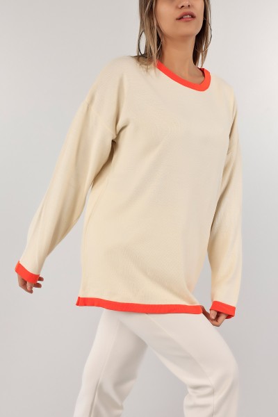 Krem Çift Renk Tasarım Bayan Triko Kazak 130846