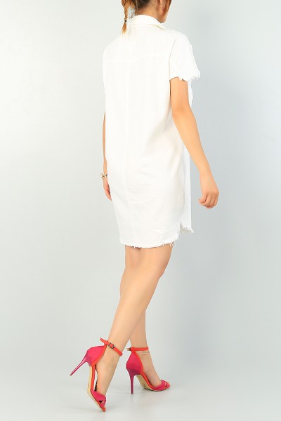 Ekru Çıtçıtlı Yazlık Gabardin Elbise 72224
