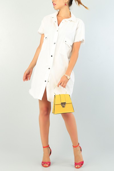 Ekru Çıtçıtlı Yazlık Gabardin Elbise 72224