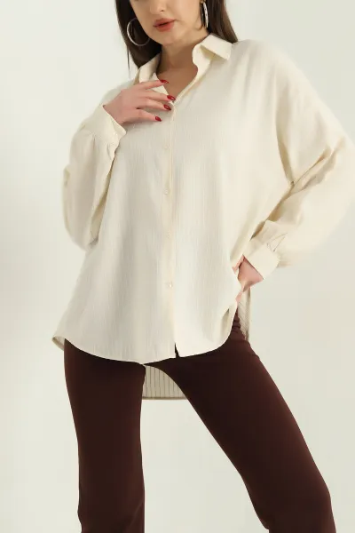 Krem Çizgili Oversize Bayan Keten Gömlek 336984
