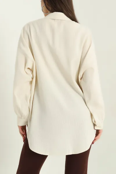 Krem Çizgili Oversize Bayan Keten Gömlek 336984