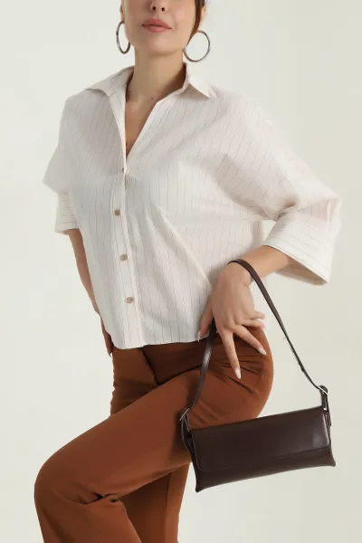 Krem Çizgili Poplin Kadın Gömlek 380981