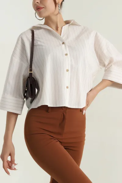 Krem Çizgili Poplin Kadın Gömlek 380981