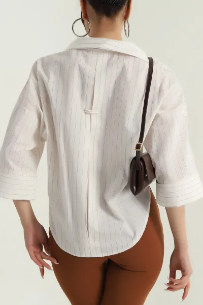 Krem Çizgili Poplin Kadın Gömlek 380981