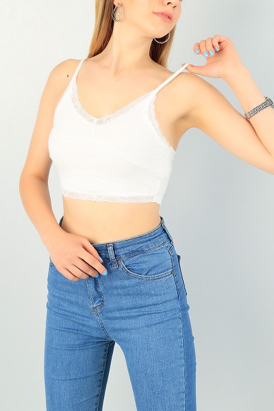 Ekru Dantelli Tasarım Fitilli Crop Atlet 72813