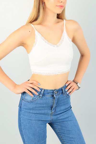 Ekru Dantelli Tasarım Fitilli Crop Atlet 72813