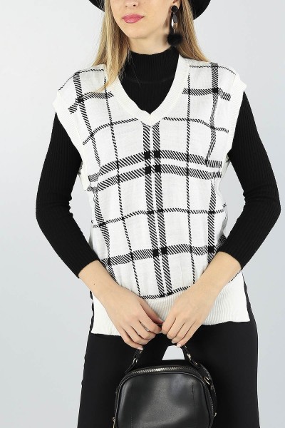 Krem Desenli Bayan Triko Süveter 56035