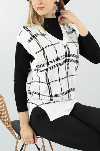 Krem Desenli Bayan Triko Süveter 56035