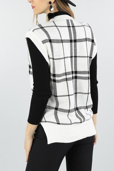 Krem Desenli Bayan Triko Süveter 56035