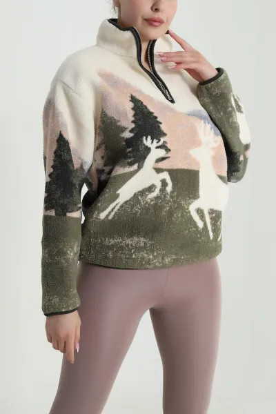 Krem Desenli Teddy Kadın Sweat 485142