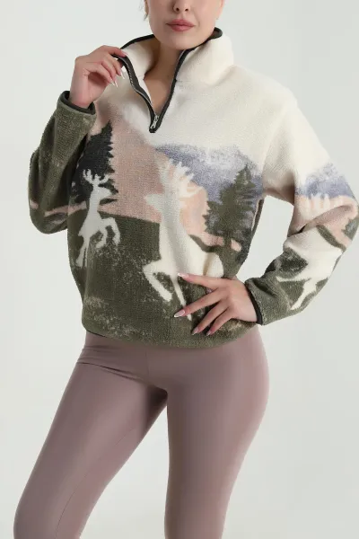 Krem Desenli Teddy Kadın Sweat 485142