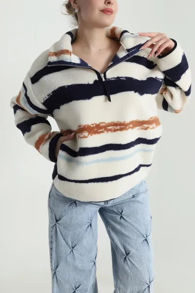 Krem Desenli Teddy Kadın Sweat 492656