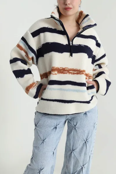 Krem Desenli Teddy Kadın Sweat 492656