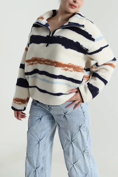Krem Desenli Teddy Kadın Sweat 492656