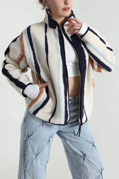 Krem Desenli Teddy Kadın Sweat 492673