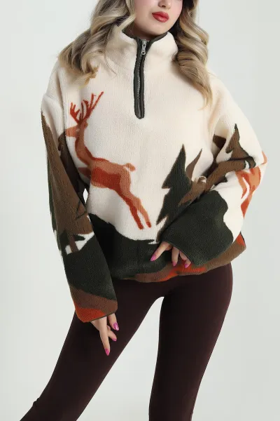 Krem Desenli Uzun Kollu Teddy Kadın Sweat 482451