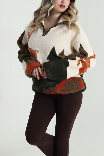 Krem Desenli Uzun Kollu Teddy Kadın Sweat 482451
