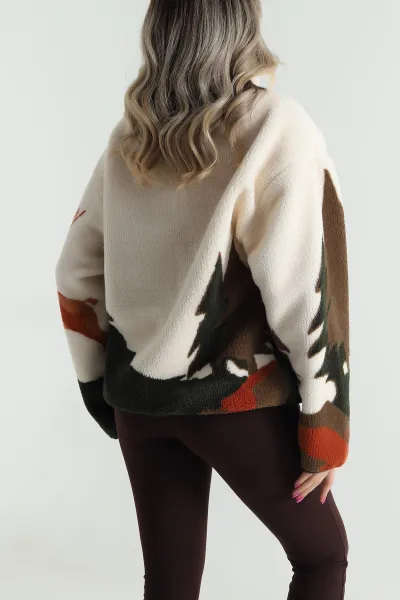 Krem Desenli Uzun Kollu Teddy Kadın Sweat 482451