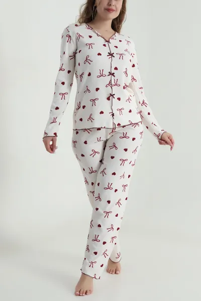 Krem Desenli Waffle Kadın Pijama Takımı 486241