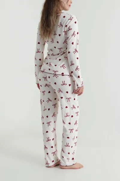 Krem Desenli Waffle Kadın Pijama Takımı 486241