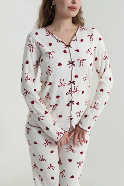Krem Desenli Waffle Kadın Pijama Takımı 486241