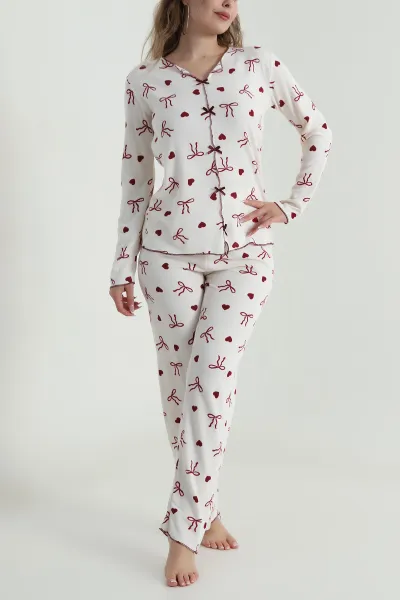 Krem Desenli Waffle Kadın Pijama Takımı 486241