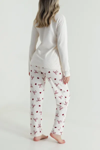 Krem Desenli Waffle Kadın Pijama Takımı 486244