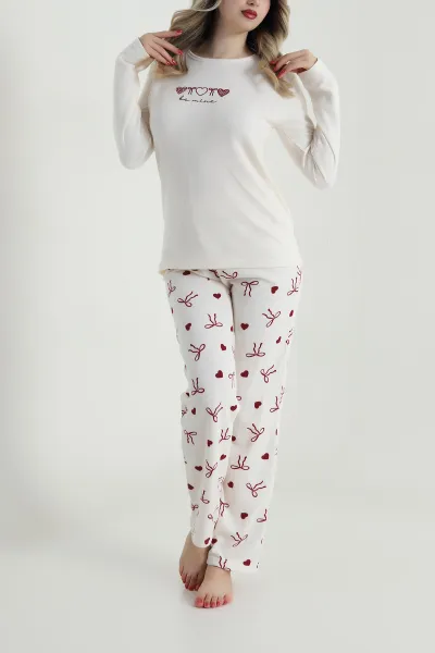 Krem Desenli Waffle Kadın Pijama Takımı 486244