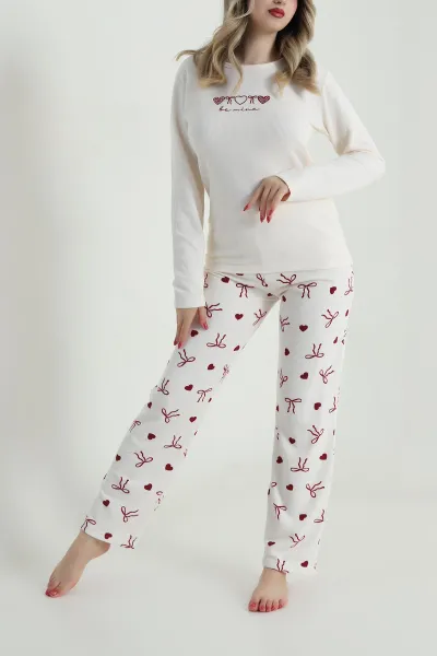 Krem Desenli Waffle Kadın Pijama Takımı 486244