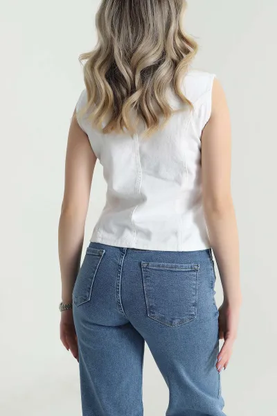 Krem Düğmeli Denim Kadın Ceket 474398