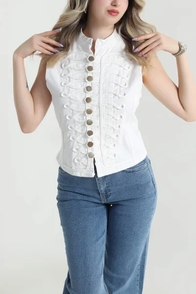 Krem Düğmeli Denim Kadın Ceket 474398