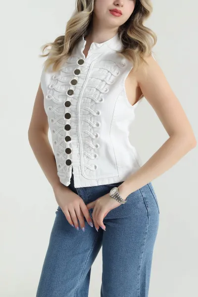 Krem Düğmeli Denim Kadın Ceket 474398