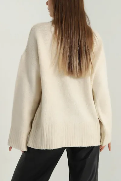 Krem Düğmeli Oversize Kadın Triko Hırka 401058