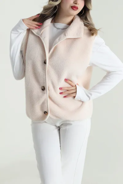 Krem Düğmeli Teddy Kadın Yelek 492631