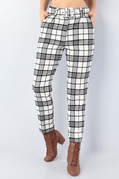 Krem Ekose Desenli Bayan Kaşmir Pantolon 75704