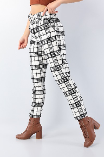 Krem Ekose Desenli Bayan Kaşmir Pantolon 75704