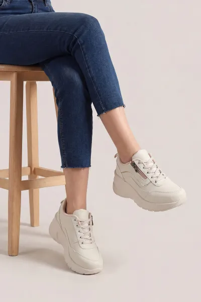 Krem Fermuarlı Bağcıklı Sim Detaylı Platform Topuklu Kadın Spor Ayakkabı 462492