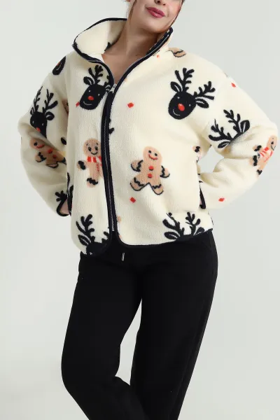 Krem Fermuarlı Desenli Teddy Kadın Polar 482436
