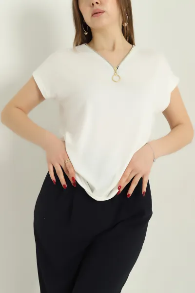 Krem Fermuarlı Viskon Bluz 335657