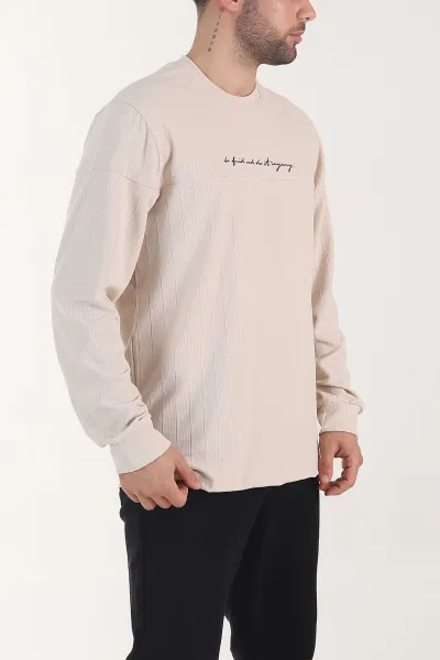 Krem Fitilli Nakışlı Bisiklet Yaka Erkek Sweatshirt 408032