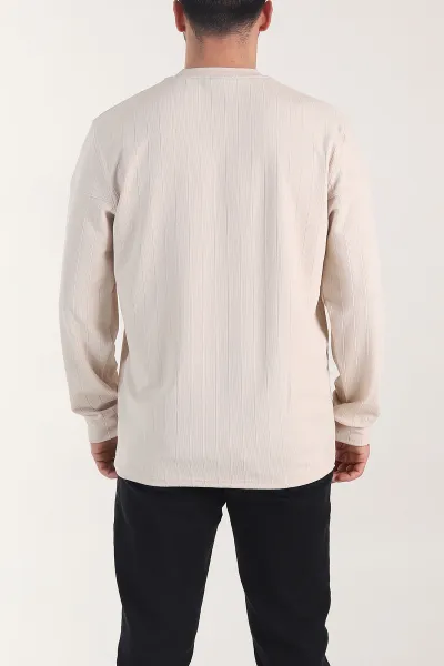 Krem Fitilli Nakışlı Bisiklet Yaka Erkek Sweatshirt 408032
