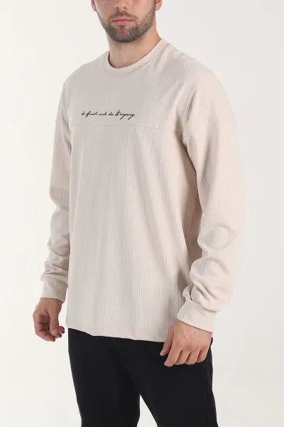 Krem Fitilli Nakışlı Bisiklet Yaka Erkek Sweatshirt 408032