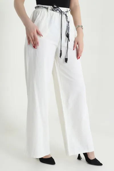 Krem Fular Kemerli Tensel Gabardin Kadın Pantolon 440440